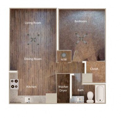 Floor plan for 1 bed, 1 bath, 630 sqft